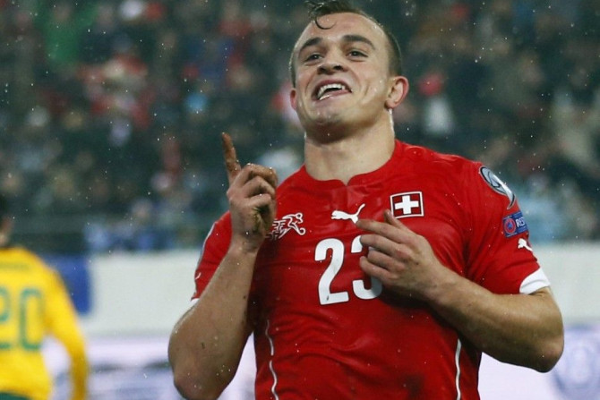 Switzerland&#039;s Xherdan Shaqiri celebrates after scoring a goal during their Euro 2016 Group E qualifying soccer match against Lithuania at AFG Arena in St. Gallen November 15, 2014.