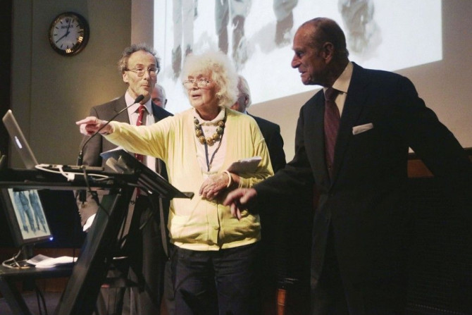 Jan Morris, who before her sex-change operation was James Morris, the first reporter to break the news that Sir Edmund Hillary and Sherpa Tenzing had conquered Mount Everest, speaks with Prince Philip during a reception to celebrate the 60th Anniversary o