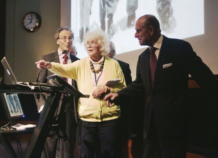 Jan Morris, who before her sex-change operation was James Morris, the first reporter to break the news that Sir Edmund Hillary and Sherpa Tenzing had conquered Mount Everest, speaks with Prince Philip during a reception to celebrate the 60th Anniversary o