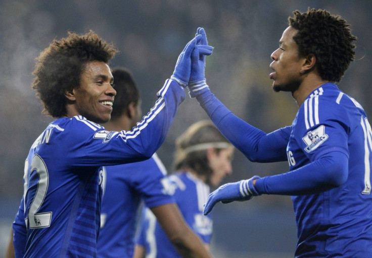 Chelsea&#039;s Loic Remy (R) celebrates with teammate Willian after scoring against Watford during the FA Cup third round soccer match at Stamford Bridge in London January 4, 2015.