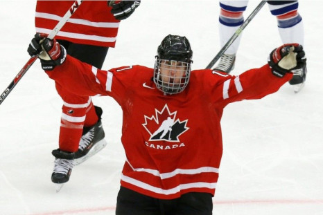 Canada&#039;s Connor McDavid celebrates his goal against the United States