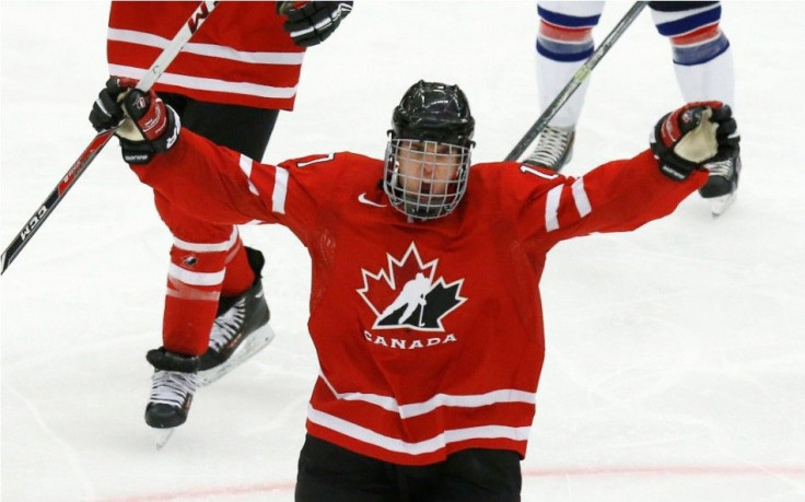 Canada&#039;s Connor McDavid celebrates his goal against the United States
