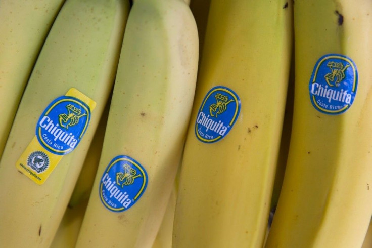 Bananas bearing Chiquita stickers are displayed for sale in a store in central London August 12, 2014. Shares in Irish banana company Fyffes slumped on Monday after Cutrale Group and Brazilian investment firm Safra Group offered to buy Chiquita Brands - t