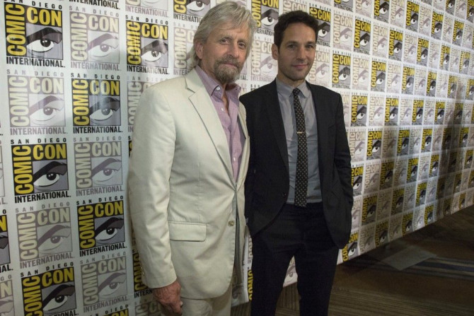 Cast members Michael Douglas (L) and Paul Rudd pose at a press line for the movie &quot;Ant-Man&quot;
