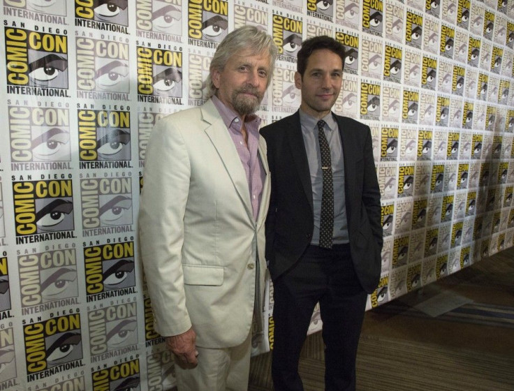 Cast members Michael Douglas (L) and Paul Rudd pose at a press line for the movie &quot;Ant-Man&quot;