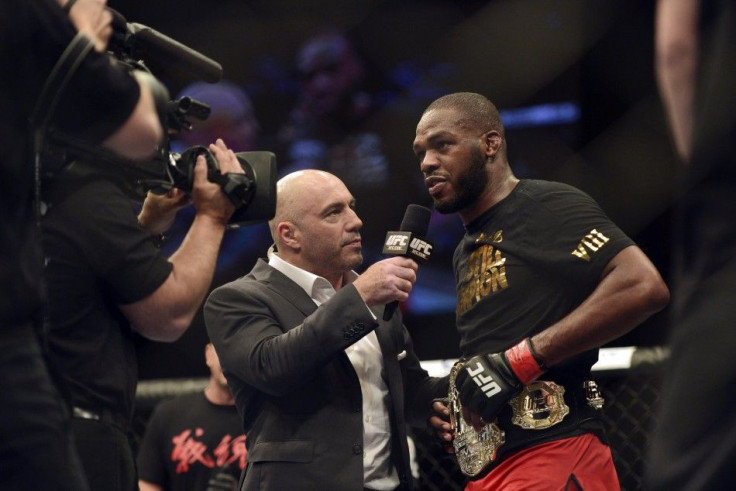 Apr 26, 2014; Baltimore, MD, USA; Joe Rogan interviews Jon Jones after the UFC light heavy weight championship fight against Glover Teixeria at Baltimore Arena. Jones retained the light heavy weight championship by defeating Teixeria.