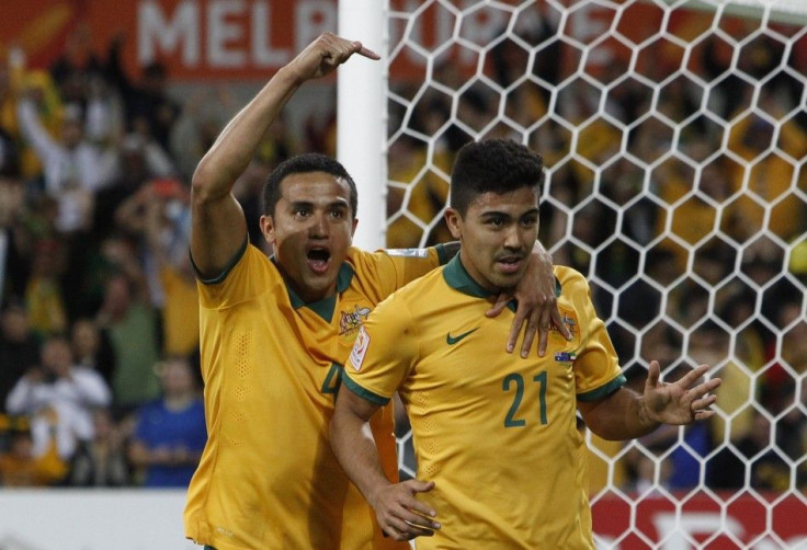 Australia&#039;s Massimo Luongo (R) celebrates his goal with teammate Tim Cahill during their Asian Cup Group A soccer match against Kuwait at the Rectangular stadium in Melbourne January 9, 2015.