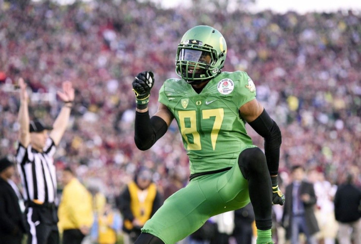 Jan 1, 2015; Pasadena, CA, USA; Oregon Ducks wide receiver Darren Carrington (87) celebrates making a touchdown against the Florida State Seminoles in the second half in the 2015 Rose Bowl college football game at Rose Bowl.
