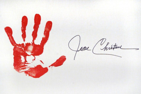 File photo showing the hand print of Canadian Prime Minister Jean Chretien at an anti-racism rally in Ottawa