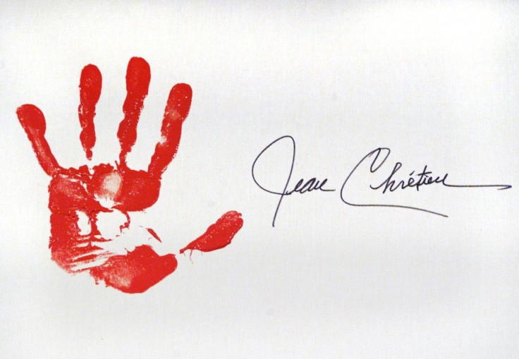 File photo showing the hand print of Canadian Prime Minister Jean Chretien at an anti-racism rally in Ottawa