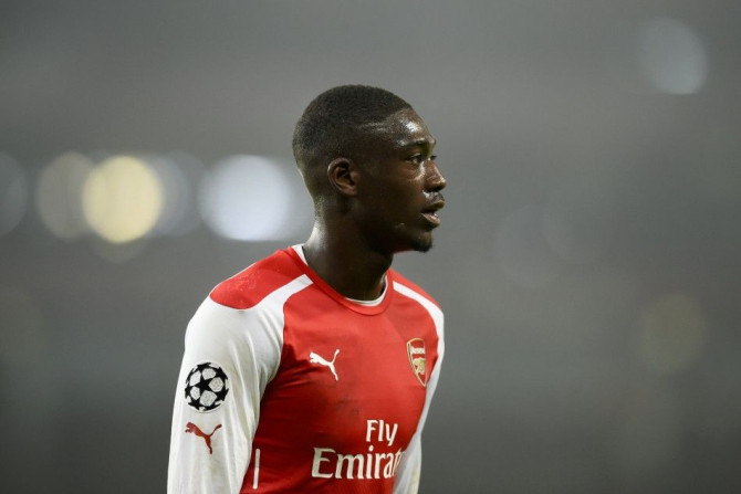 Arsenal's Yaya Sanogo reacts during their Champions League group D soccer match against Borussia Dortmund in London November 26, 2014.