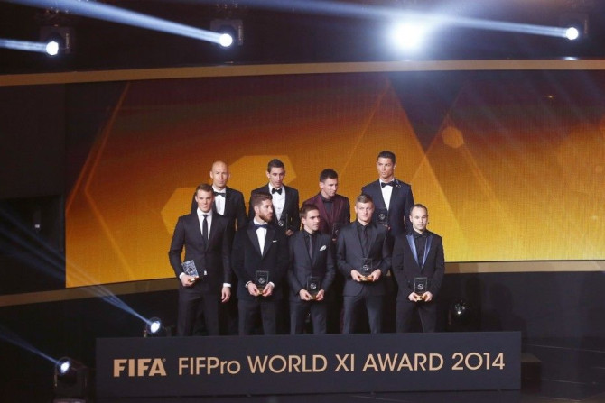 Winners of the FIFA/FIFPro World XI 2014, as voted for by over 20,000 professional players, pose with their trophies during the FIFA Ballon d&#039;Or 2014 soccer awards ceremony at the Kongresshaus in Zurich January 12, 2015. Pictured are back row (L-R) A