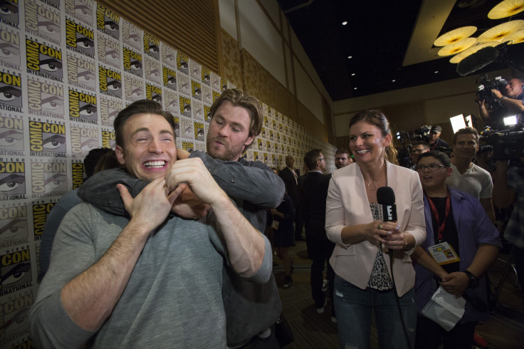 Chris Hemsworth who will reprise his role of Thor in “Avengers: Age of Ultron” recently hosted the Saturday Night Live and participated in Cast member Chris Hemsworth jokes with co-star Chris Evans at a press line for the movie "Avengers: Age of Ultron" d