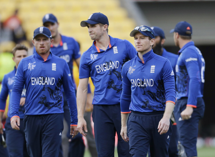 England captain Eoin Morgan leads his team off the field after losing to Sri Lanka in the World Cup.
