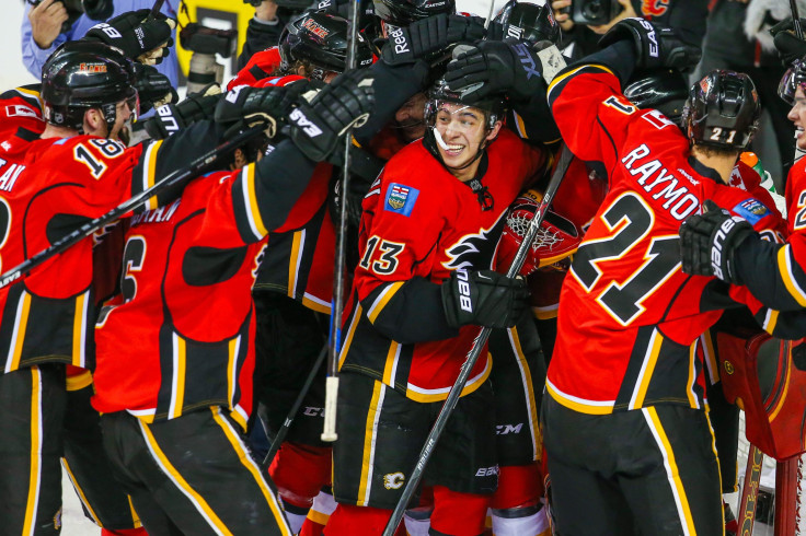 Calgary Flames players celebrating the win