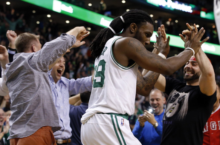 Jae Crowder celebrates his game-winning basket against the Toronto Raptors.