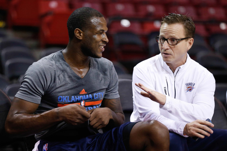 Former Thunder coach Scott Brooks (R) with guard Dion Waiters