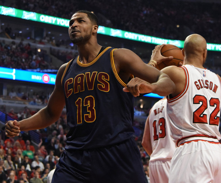 Cleveland Cavaliers' Tristan Thompson celebrating after scoring against the Bulls.