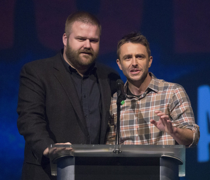 IN PHOTO: Producer Robert Kirkman (L) and actor Chris Hardwick speak on stage at the 2014 Eyegore Awards at Universal Studios Hollywood in Universal City, California September 19, 2014. 