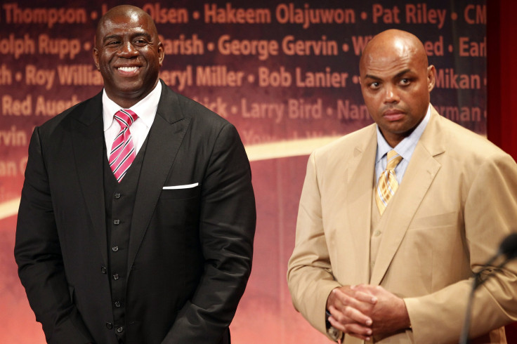 Hall of Fame players Charles Barkley (R) and Earvin Magic Johnson present Five-time NBA All-Star Reggie Miller (not pictured)