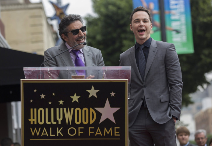 Actor Jim Parsons (R) laughs, as television producer Chuck Lorre speaks, before unveiling his star on the Hollywood Walk of Fame in Los Angeles