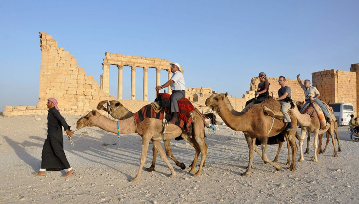 Tourists ride camels in the historical city of Palmyra, September 30, 2010.