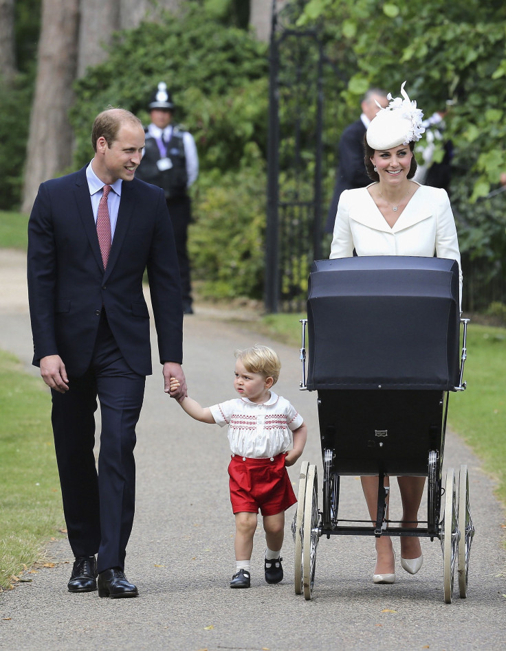 Britain's Prince William and his wife Catherine, Duchess of Cambridge, arrive with their son Prince George and daughter Princess Charlotte for Princess Charlotte's christening at the Church of St. Mary Magdalene in Sandringham, Britain July 5, 2015. 