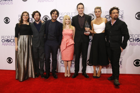 The cast of the CBS comedy series "The Big Bang Theory" pose with their award for Favorite TV Show