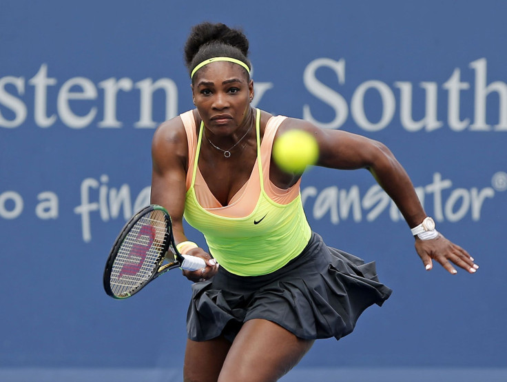 Aug 19, 2015; Cincinnati, OH, USA; Serena Williams (USA) charges the net to return a shot against Tsventana Pironkova (not pictured) on day five during the Western and Southern Open tennis tournament at Linder Family Tennis Center. 