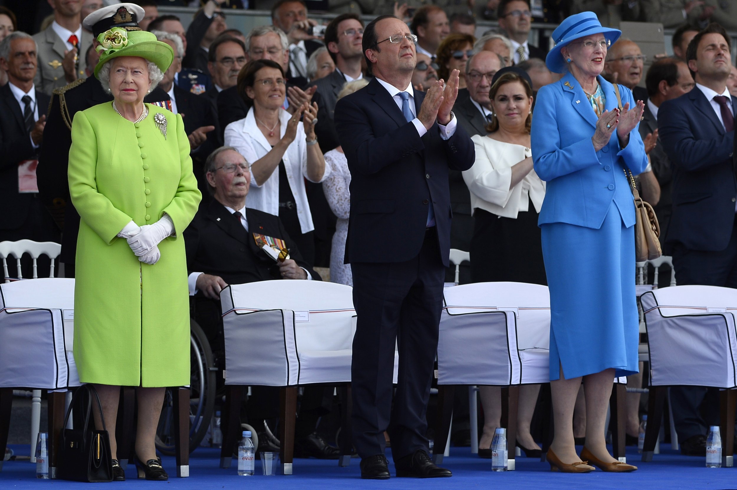 1059 Britains Queen Elizabeth, French President Francois Hollande and Denmarks Queen Margrethe II L-R attend the 70th Commemoration D-Day Ceremony at Sword Beach