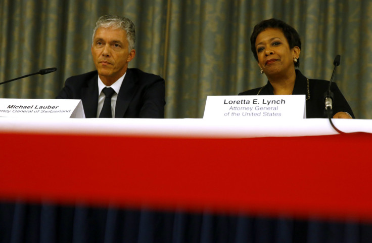 Swiss Attorney General Michael Lauber and U.S Attorney General Loretta Lynch attend a press conference together.