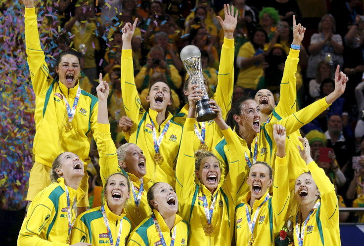 Australian players celebrate after winning the Netball World Cup.