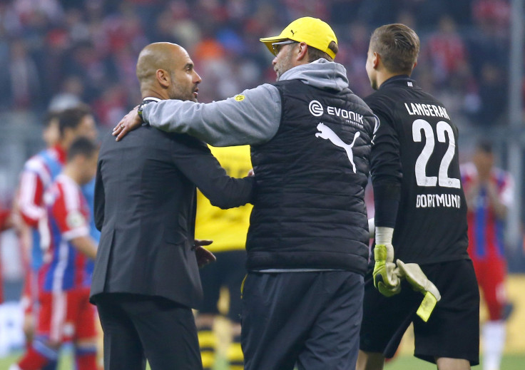 Bayern Munich's coach Guardiola congratulates former Borussia Dortmund's coach Klopp 