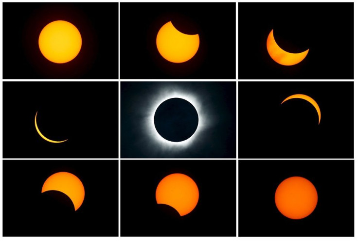 A combination photograph shows the beginning (top L) to the end (top L to bottom R) of a total solar eclipse as seen from the beach of Ternate island, Indonesia, March 9, 2016.