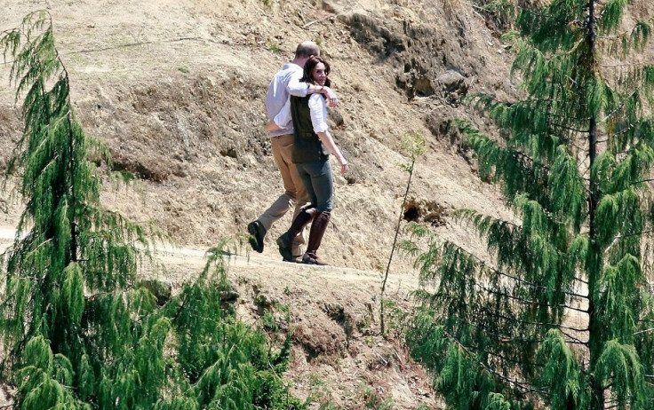 Britain's Prince William, Duke of Cambridge and his wife Catherine, Duchess of Cambridge, trek up the mountain to the Paro Taktsang Monastery, Bhutan, April 15, 2016.