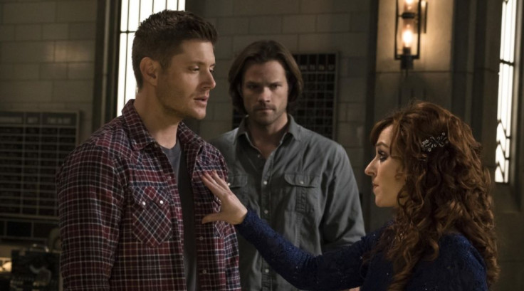 Supernatural season 11 episode 23: Jensen Ackles (Dean Winchester), Jared Padalecki (Sam Winchester) and Rowena (Ruth Connell).