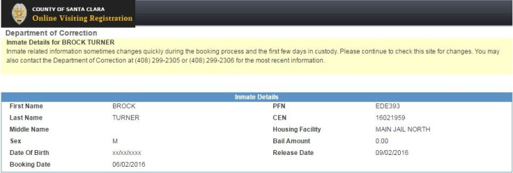 Brock Turner's inmate details