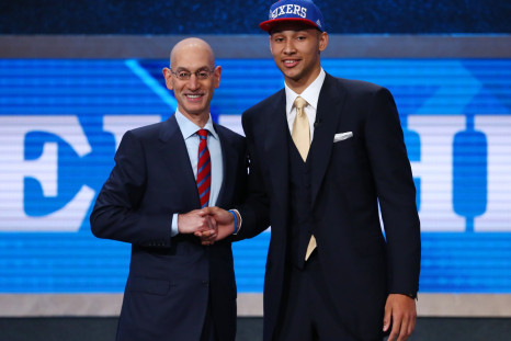 Ben Simmons (LSU) greets NBA commissioner Adam Silver after being selected as the number one overall pick to the Philadelphia 76ers in the first round of the 2016 NBA Draft at Barclays Center.