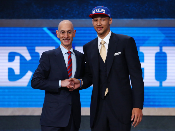 Ben Simmons (LSU) greets NBA commissioner Adam Silver after being selected as the number one overall pick to the Philadelphia 76ers in the first round of the 2016 NBA Draft at Barclays Center.