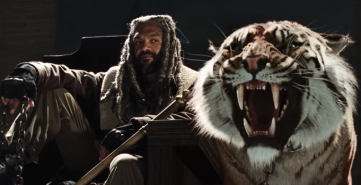 YouTube Screen Cap of a scene from AMC's 'The Walking Dead' Season 7' trailer, with Ezekiel and Shiva. 