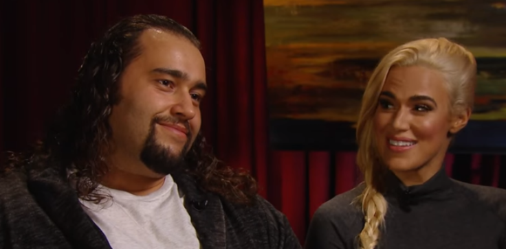 Screen grab of WWE Superstar Lana and Rusev in an interview.