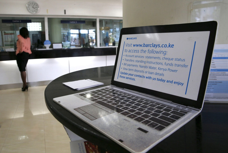 A dummy laptop with online banking instructions is placed inside the banking hall within the Barclays Bank Kenya head offices in the capital Nairobi, March 1, 2016.