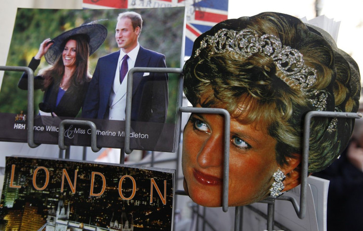 Postcards of Britain's Prince William and Kate Middleton are seen for sale alongside those of Princess Diana at a souvenir shop in London April 6, 2011.