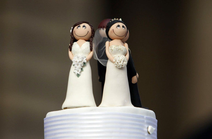 Two bride figurines adorn the top of a wedding cake during an illegal same-sex wedding ceremony in central Melbourne August 1, 2009.