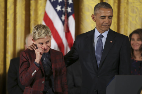 Comedian and talk show host Ellen DeGeneres wipes away a tear as she listens with U.S. President Barack Obama to her Presidential Medal of Freedom citation during a ceremony in the White House East Room in Washington, U.S., November 22, 2016.