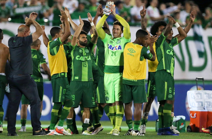 Players of Chapecoense celebrate after their match against San Lorenzo at the Arena Conda stadium in Chapeco, Brazil, November 23, 2016. 