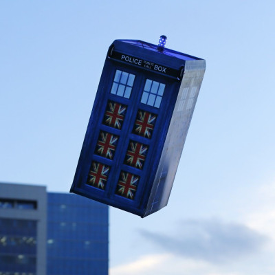 A flying "Tardis" remote control air craft is test flown past a building in San Diego, California November 18, 2013.