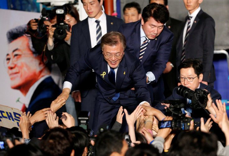 South Korea's president-elect Moon Jae-in thanks supporters at Gwanghwamun Square in Seoul, South Korea May 9, 2017.