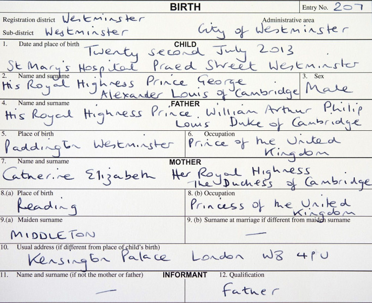 A copy of the birth register for Prince George of Cambridge is seen at Westminster Register Office in London August 2, 2013.
