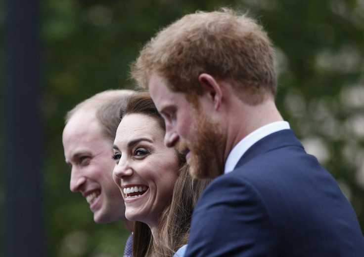 Kate Duchess of Cambridge, Prince William, and Prince Harry (R) greet guests attending the Patron's Lunch, an event to mark Britain's Queen Elizabeth's 90th birthday, in London, June 12, 2016.